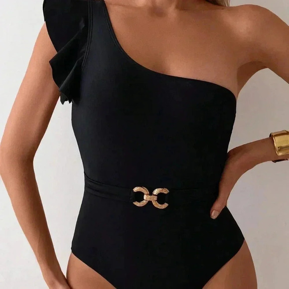 Black Beach Women's One Shoulder Ruffle Decor & Slim Fit & One-Piece Swimsuit - Picture 1 of 5